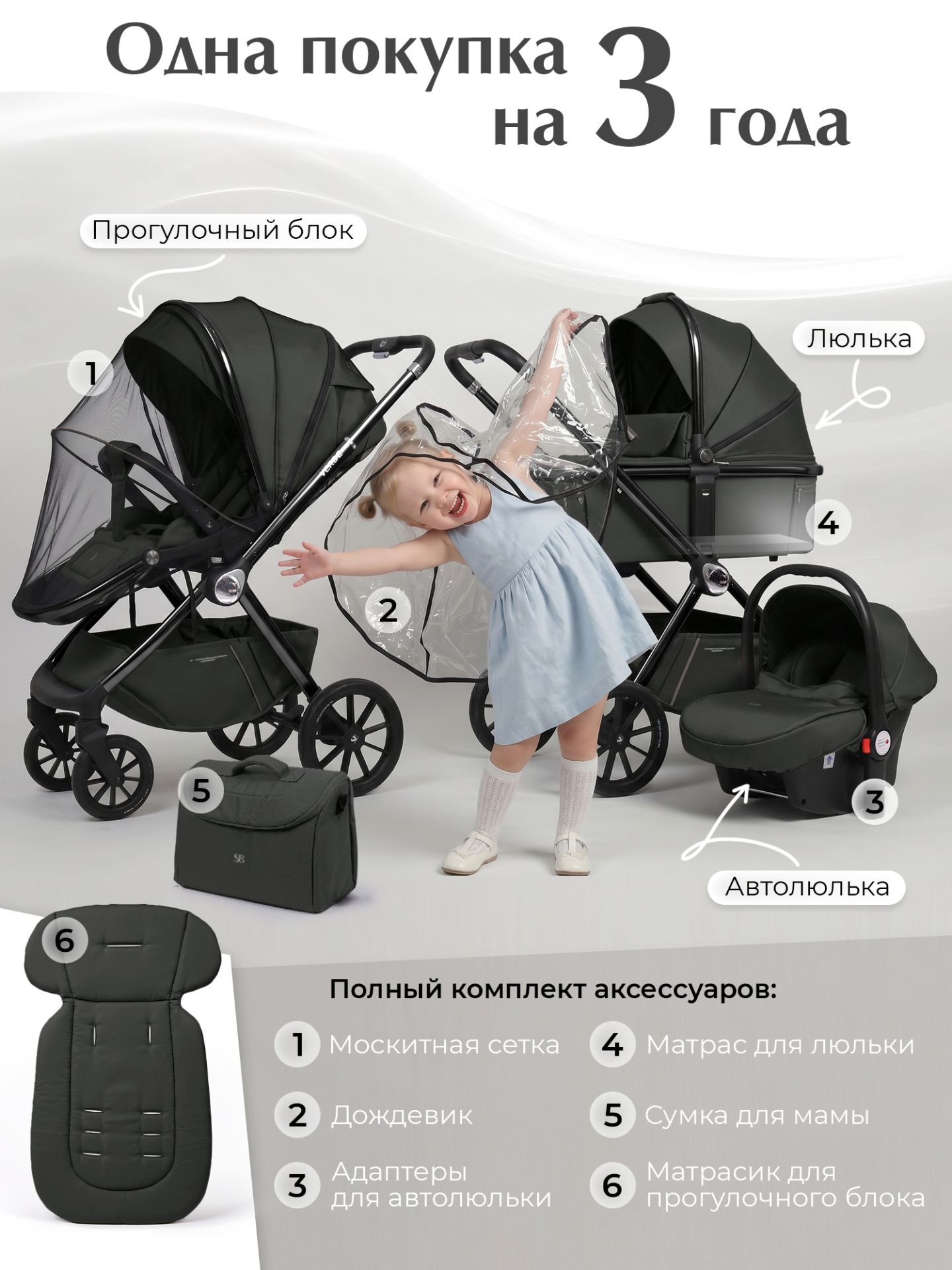 Коляска 3 в 1 Sweet Baby Verde Dark Grey